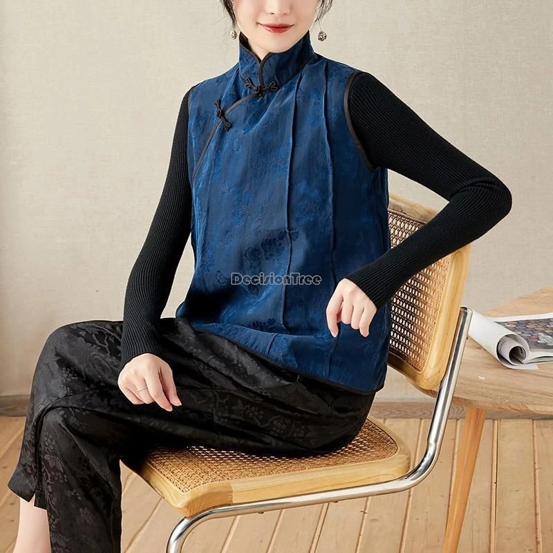 2024 новый китайский мягкий жилет без рукавов в стиле ретро с воротником-стойкой