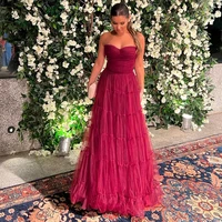 charming rose red tulle a line evening dresses for women sleeveless pleats prom gowns sexy sweetheart party dress for wedding