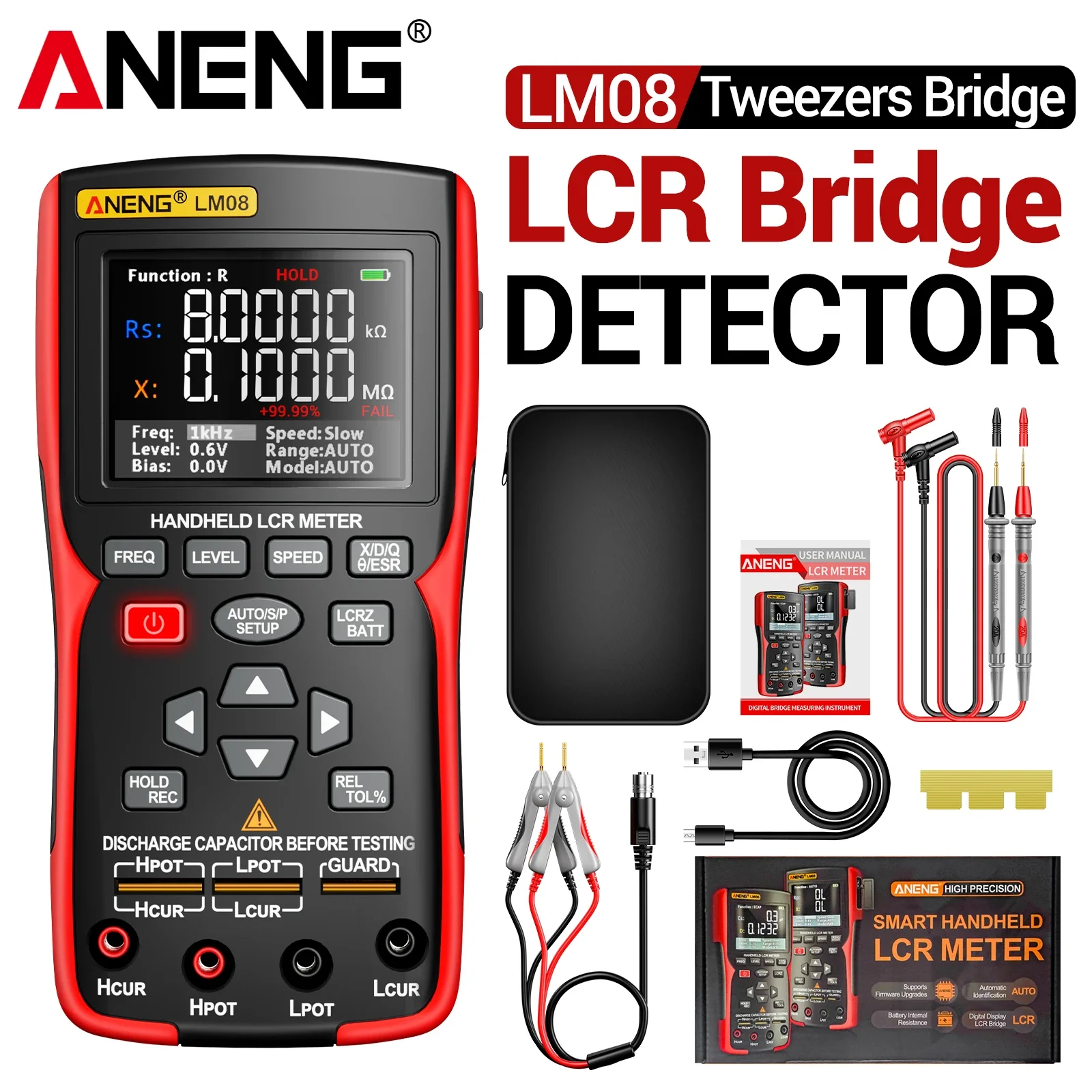 Фото Цифровой измеритель LCR ANENG LM08 высокой точности для измерения сопротивления, емкости, индуктивности и импеданса компонентов. №1
