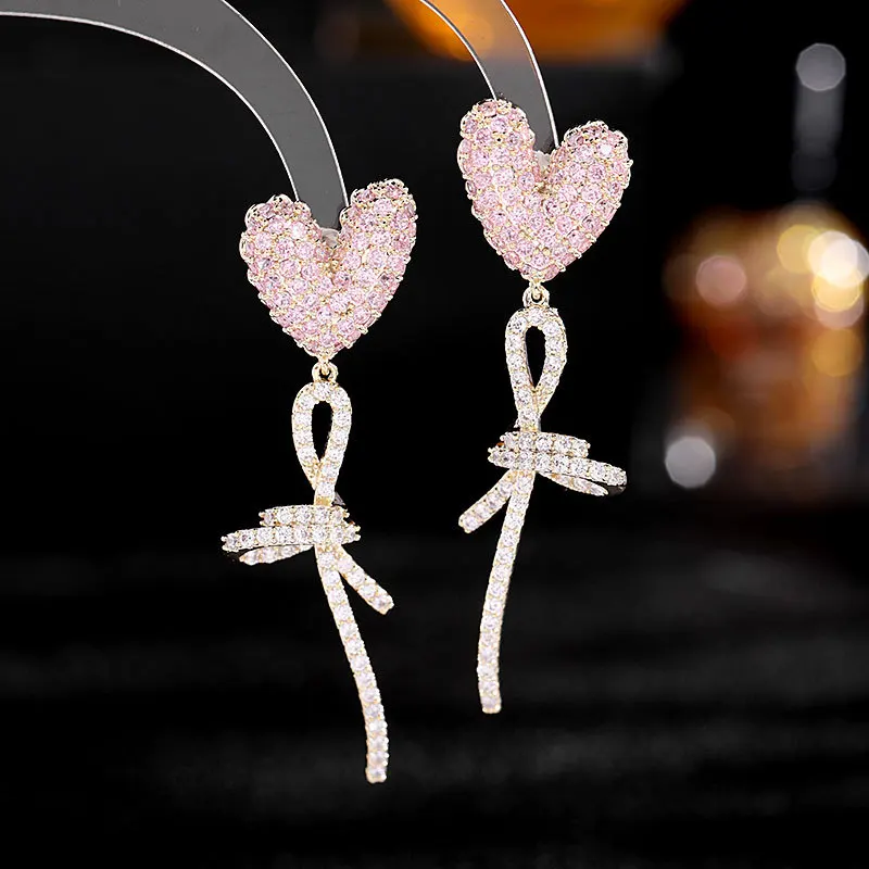 

Zircons Gold Color 2 Tone Rose Red Cubic Zirconia Dangle Drop Love Heart Ballon Shape Silver Pin Earrings Women Party Jewelry