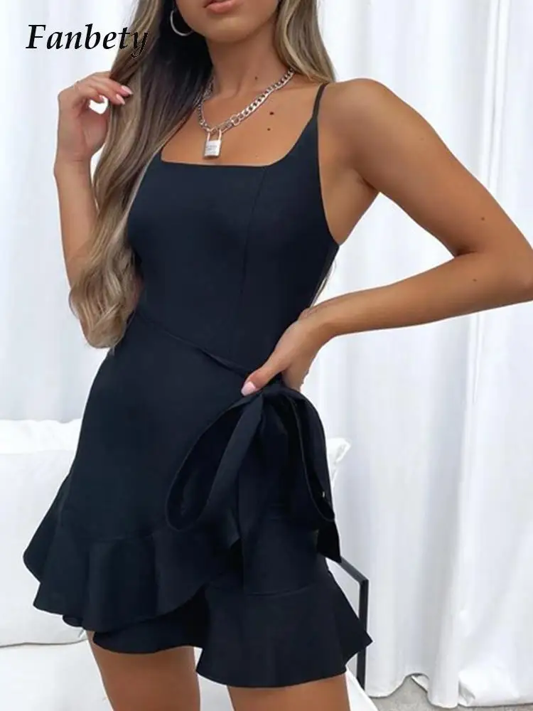 

2022 Summer Sexy Simple Sling Slim Mini Dress Women Fashion Solid Color Ruffle Party Dress Casual Sleeveless A-Line Dress Mujer