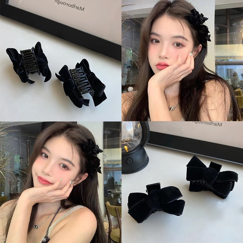 

NEW A Pair Black Velvet Bow Trumpet Side Bangs Hairpin Female Summer Princess Head Grab Clip Headdress Girls Hair Accessories