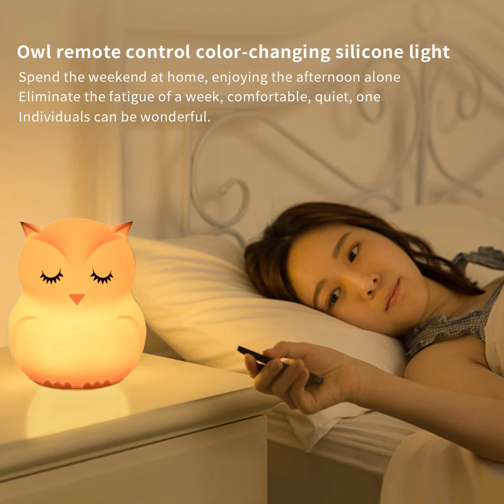 

LED Cute Silicone Owl Night Light Touch Sensor Remote Control 9 Colors Rechargeable Bedside Lamp for Kid Room Decoration Lights