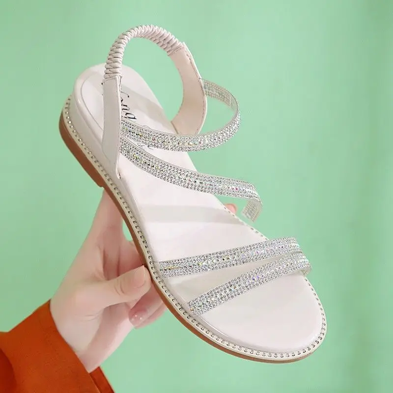 

Summer Women Rhinestone Sandals Flats Slippers Ladies Fashion Beach Shoes Female Outdoor Casual Wedding Sandals Big Size 35-43