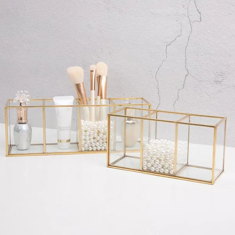 Transparent Glass Makeup Brush Storage Box Gold Cosmetics Container Ring Pencil Lipstick Holder Make Up Brushes Organizer images - 6