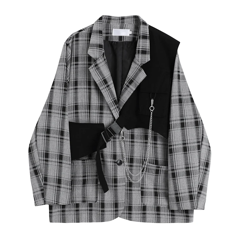 

Fashion Design Plaid Women Blazers Autumn Winter 2022 2 Pieces Chain Vest Pocket Loose Thick Warm Female Outwear Tops