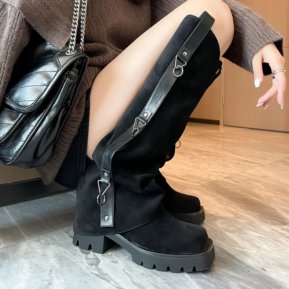 

Street Style Boots Women Square Head Thick Bottom Trouser Boots Chunky Middle Heel New Frosted Suede Side Zipper Motorcycle Boot