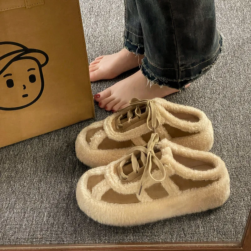 

Тапки женские на меху, плюшевые шнуровка, мягкие базовые, на плоской резиновой подошве, сланцы, римские короткие, 2022