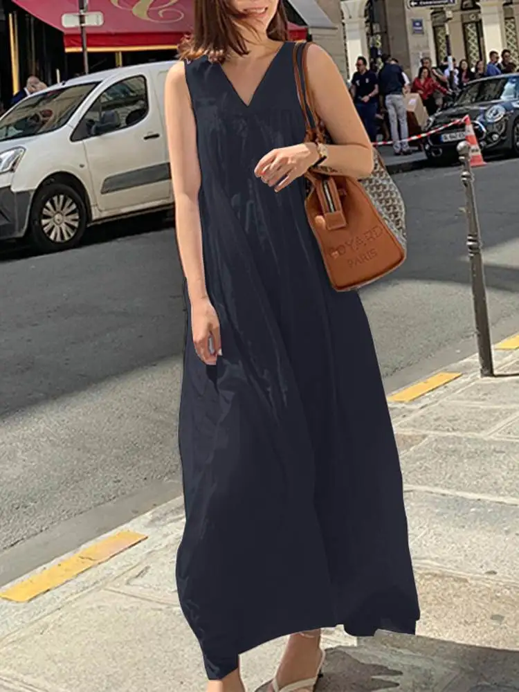 

Women Elegant Holiday Beach Sundress ZANZEA Fashion Summer V Neck Sleeveless Solid Long Dress Robe Femme Casual Party Vestidos
