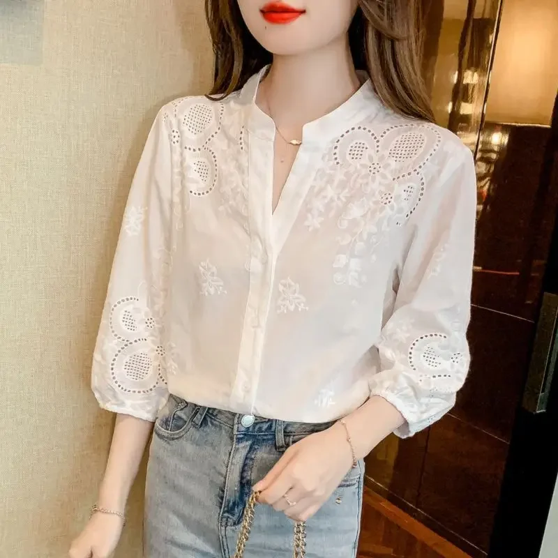Модная облегающая женская блузка Новинка весна-лето белая рубашка с вышивкой