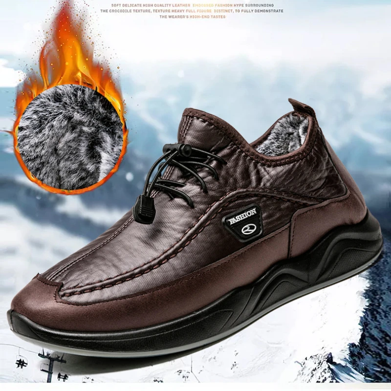 

Winter Men's Boots Leather Snow Boots Man Plush Warm Causal Shoes Waterproof Men Boots Lace Up Male Sneakers escarpines hombre