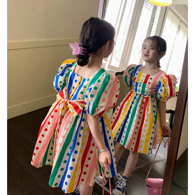 Children's Clothing Girl Rainbow Polka-dot Dress 2023 Summer New kids Bubble Sleeve Striped Princess Dress