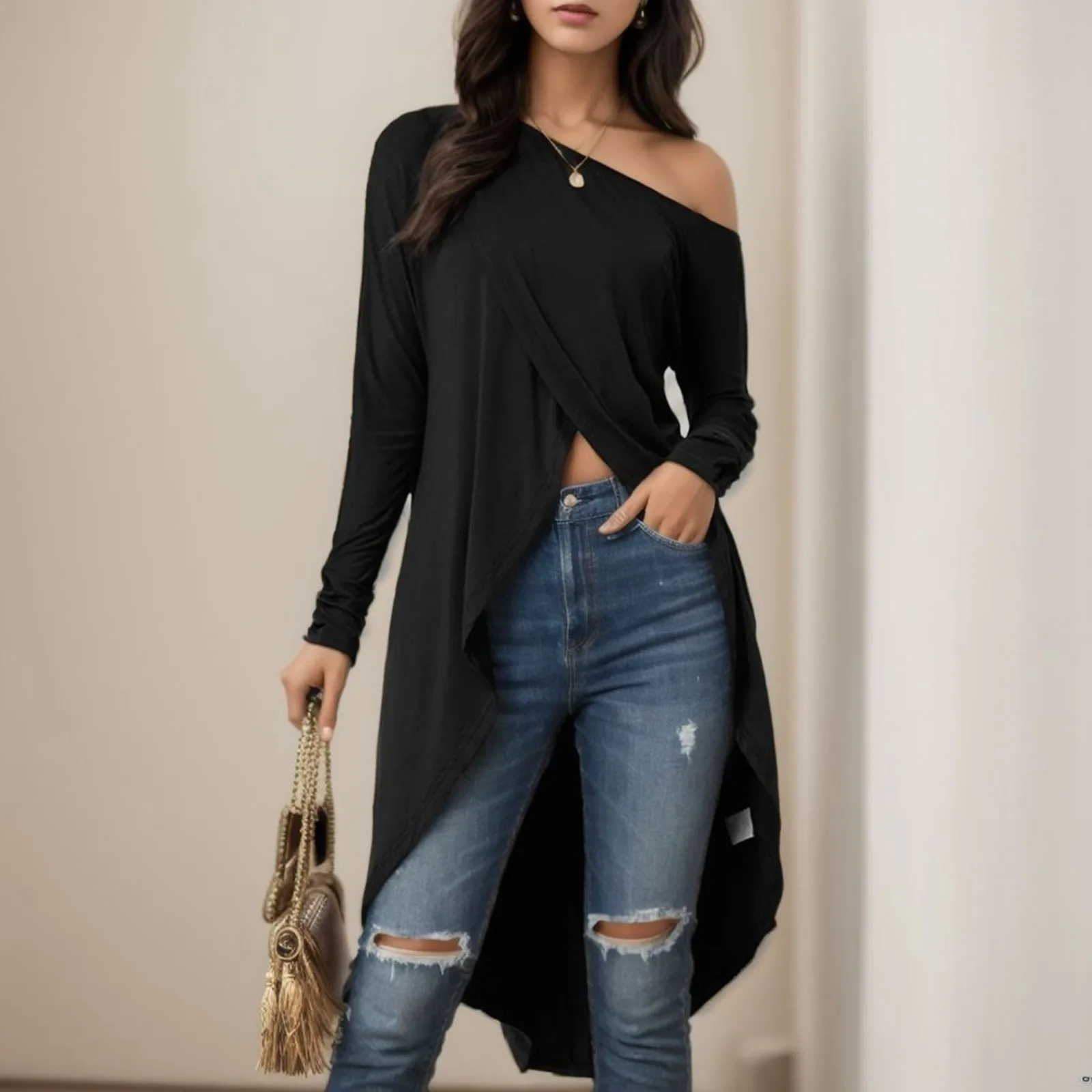 

Women Asymmetrical Long T-Shirts Casual Sexy Skew Collar Long Sleeve Side Split Loose Tee Tops Korean Streetwear Y2k Pullover