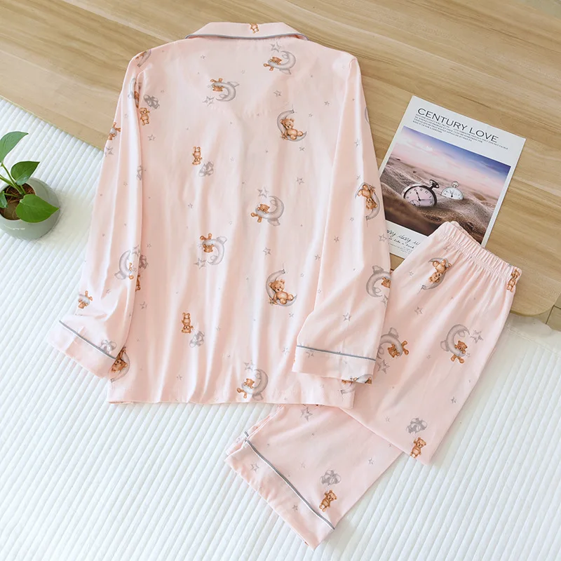 Women Cartoon Bear Pink Color Cotton Pajamas Set 2 Pieces Pajamas Sleepwear Set Long Sleeves Soft Comfort Pyjamas PJ Set