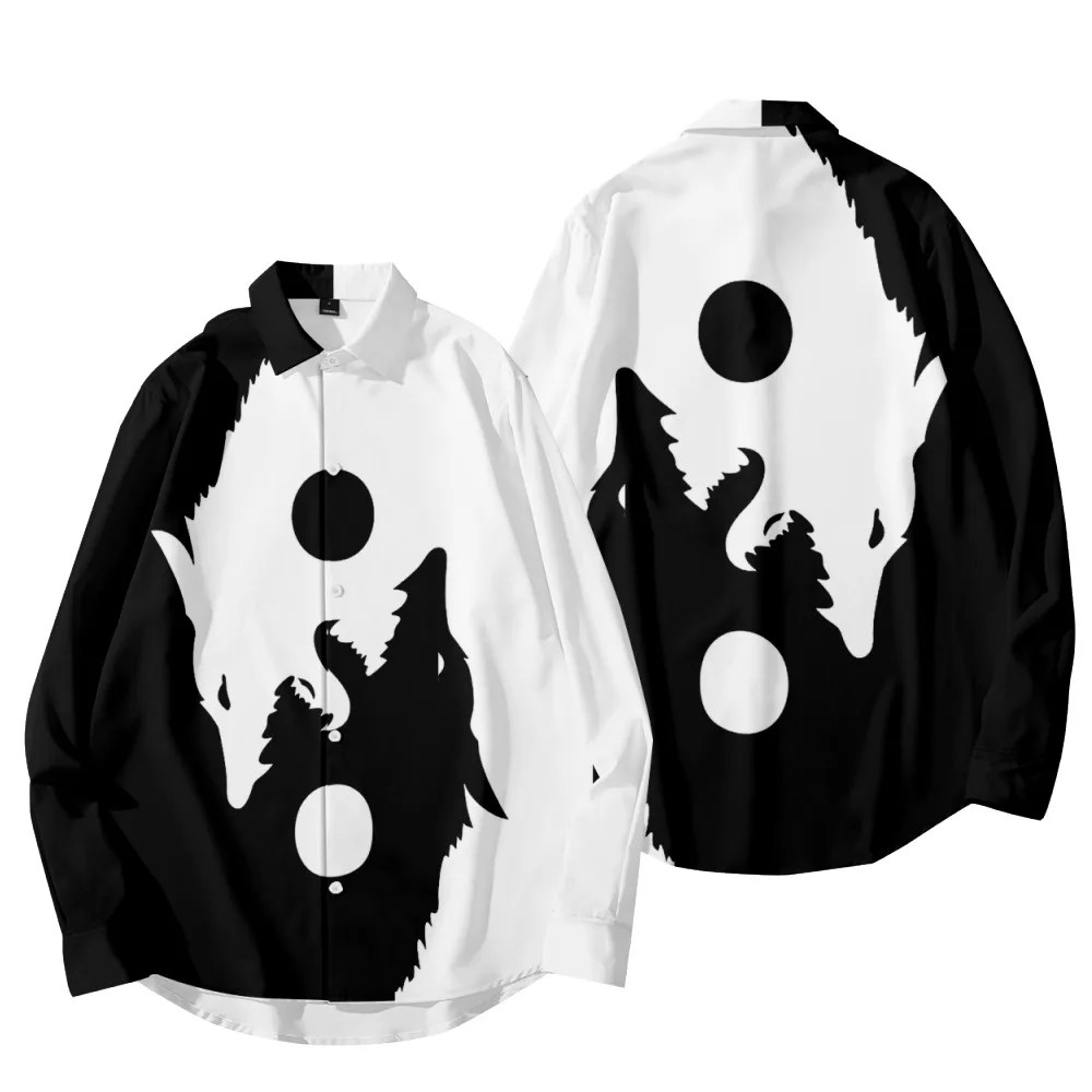 Рубашка Tai Chi Yin Yang с принтом черно-белого волка в готическом стиле повседневная