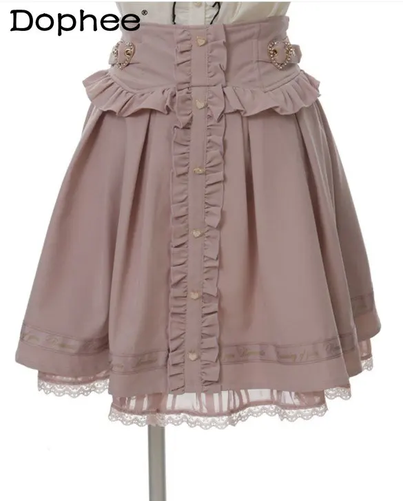 

Japanese Lolita Letter Suspender Skirt Sweet Ribbon Bow Lace Ruffled Lolita Mini Skirt Women 2023 Spring Summer New Faldas Mujer