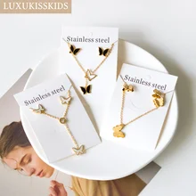 LUXUKISSKIDS Elegant Butterfly Jewelry Sets Stainless Steel Necklace And Stud Earrings For Women Gifts For Girls Free Shipping