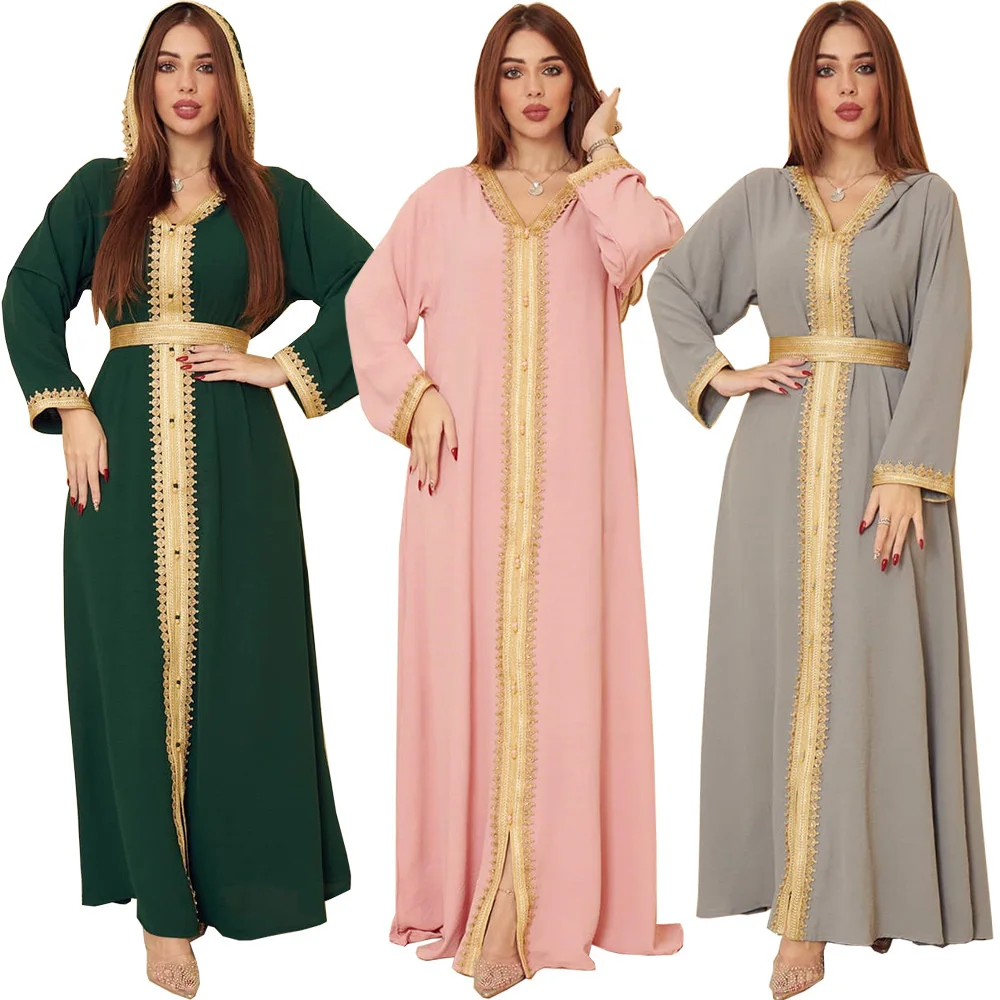 

2022 New Fashion Women Muslin Dress Abaya Long Sleeve Solid Color Hooded Collar Loose Pullover Elegant Chic Mid-east Muslin Dres