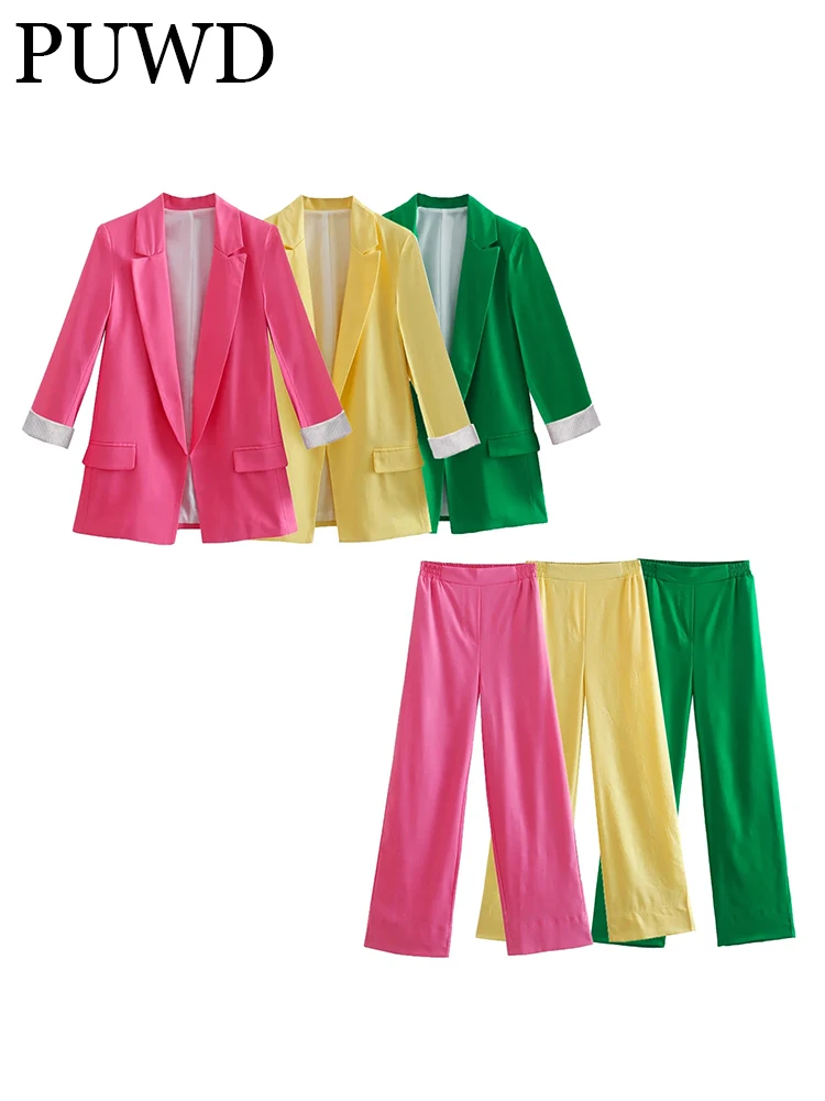 

PUWD Women Green Linen Casual Suit 2022 Summer Ladies Pink Blazer Commute Solid Vintage Elastic Waist tTrousers Loose Female Set