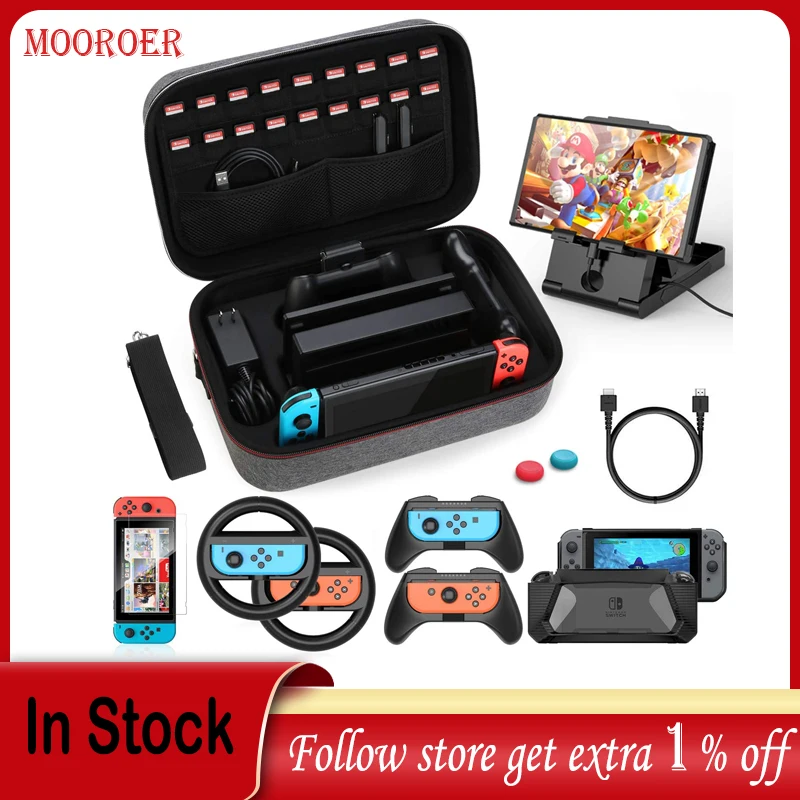 

Mooroer Case & Accessories Kit for Nintendo Switch, 12 in 1 Switch Carry Case, PlayStand, Joycon Steering Wheel, Joycon Grip