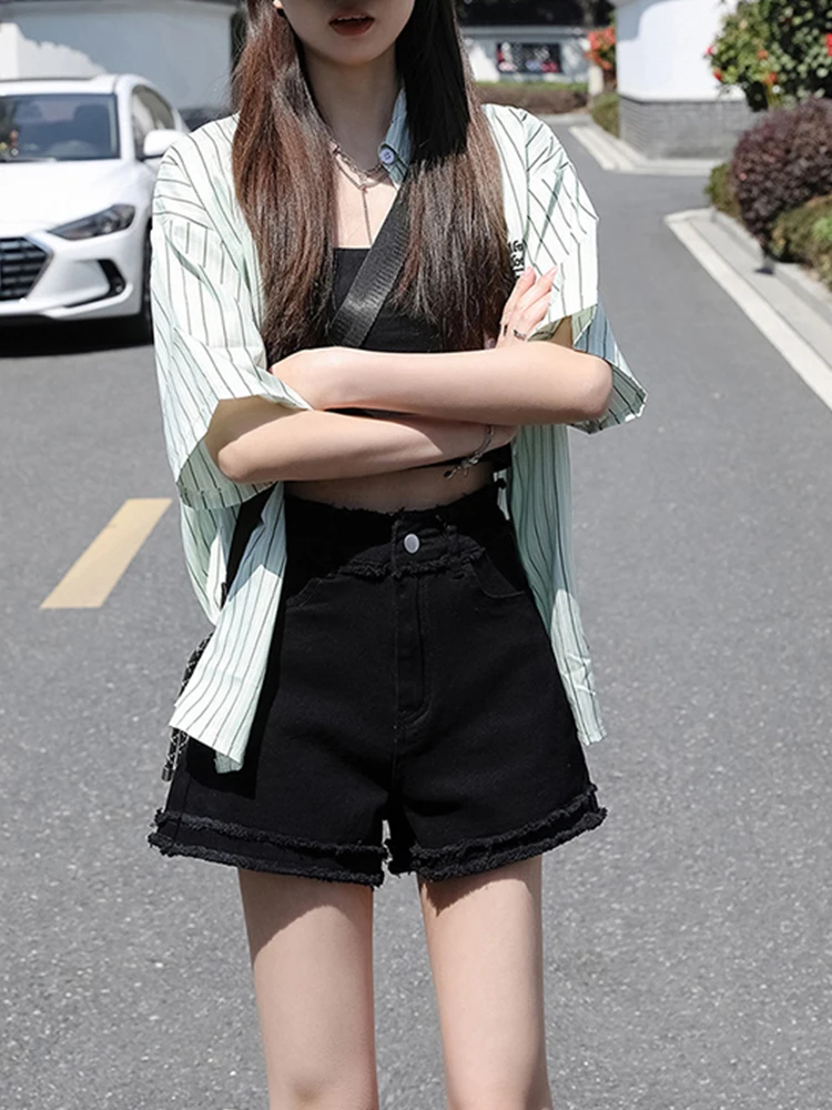 Streetwear Women High Waist Wide Leg Raw Hem Denim Shorts Spring Summer Female Frayed Retro Jeans Shorts Bottoms