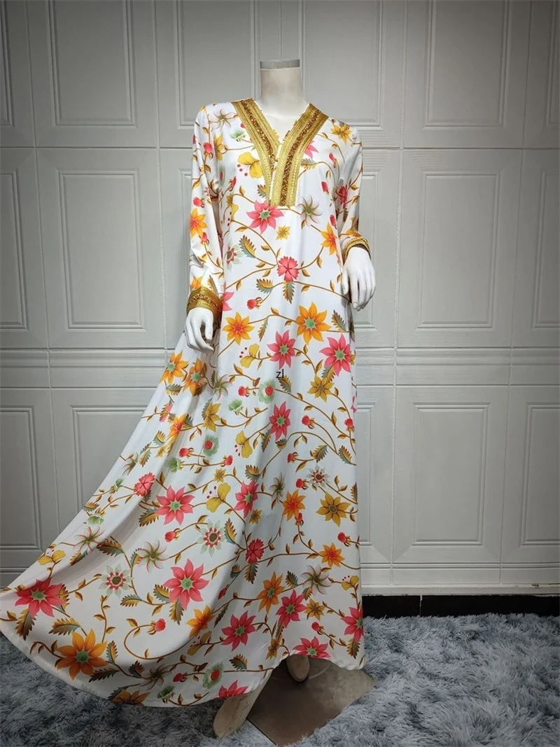 Ramadan Eid Maxi Dress for Women White Elegant Ethnic Floral Diamond Band Abaya Fashion Muslim Dubai Turkey Oman Arabic Clothes