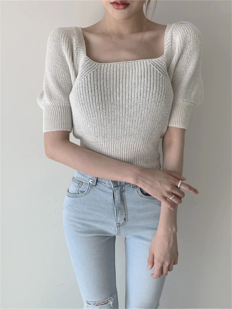 Mafokuwz шикарные вязаные топы рубашки с квадратным воротником пышными рукавами