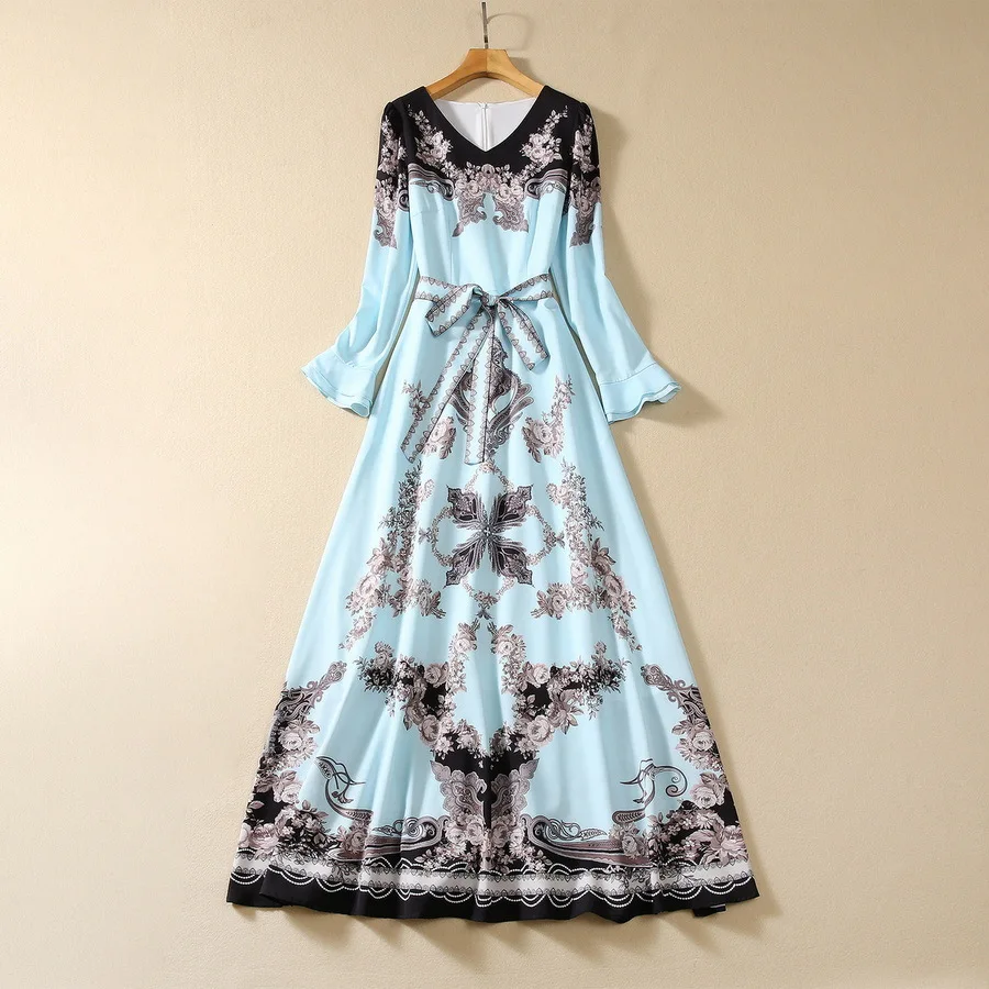 

Женская одежда в европейском и американском стиле, Новинка осени 2023, синее модное платье с длинным рукавом и V-образным вырезом, с поясом и принтом