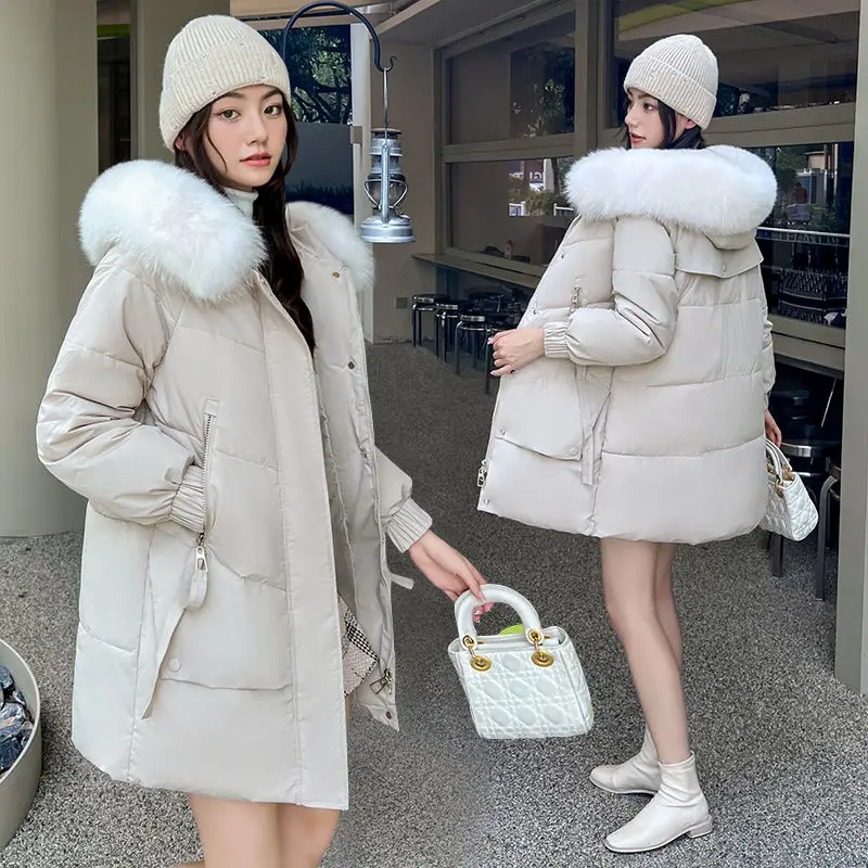 Winter Mid-long Cotton Padded Female Parkas Jacket  Jacket 2023 Women Loose Fur Collar Thickened Hooded Down Jackets S79