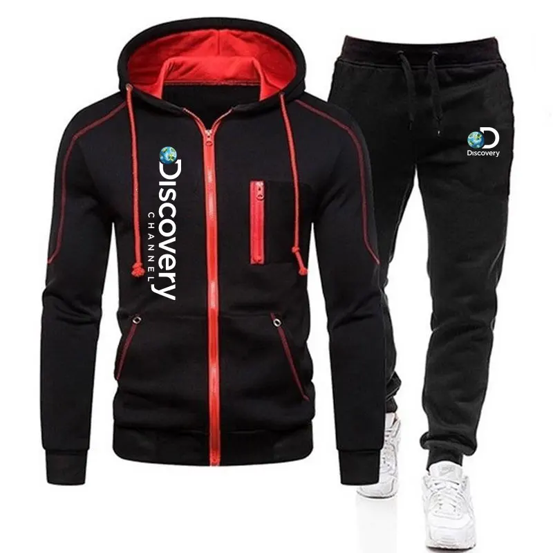 

New Discovery Channel Men Zipper Hoodies Sweatshirt+Sweatpants Suit Autumn Winter Warm Tracksuit Sets Men's Hooded Outwear