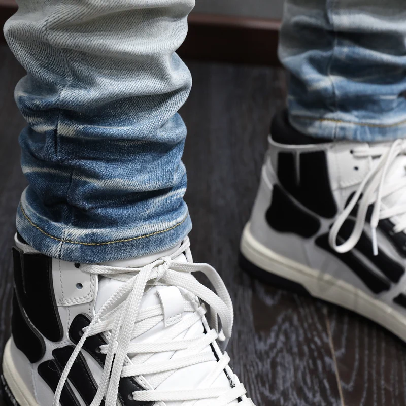 High Street Fashion Men Jeans Retro Light Blue Elastic Stretch Skinny Fit Ripped Jeans Men Brand Patches Designer Hip Hop Pants