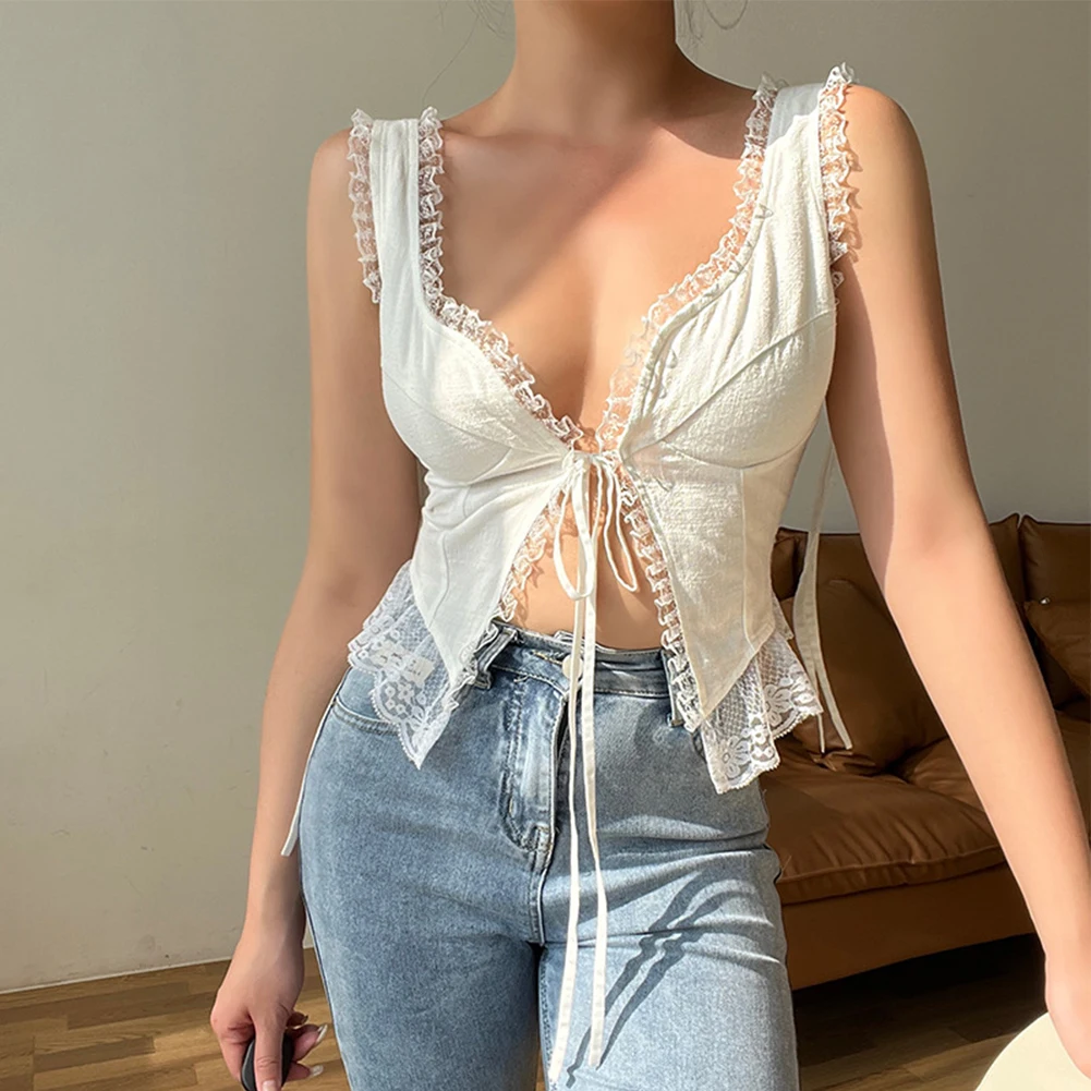 

Women Lace T-Shirt Y-Aesthetic CottonTank Shirt White Clothing Bandage Vest