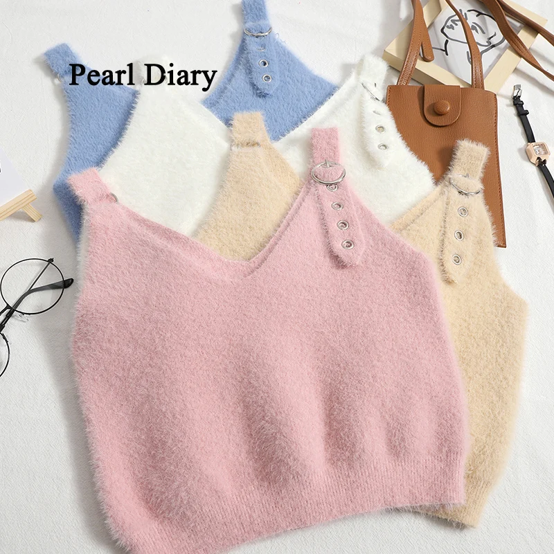 

Pearl Diary Spring Comfortable Knitted Vest Top Women Double V-Neck Show Thin Condole Belt Solid Color Korean Style Fashion Tops