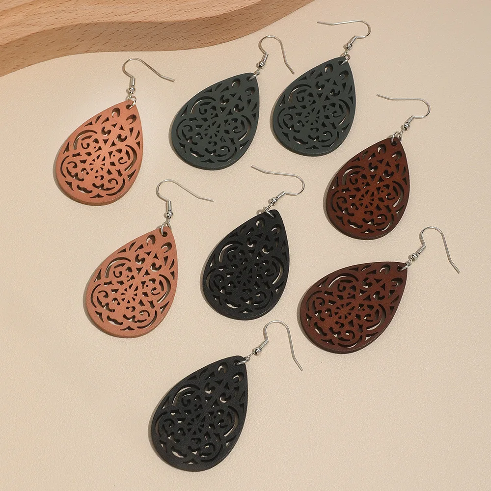 Деревянные ретро богемные полые резные серьги в этническом стиле 4 пары