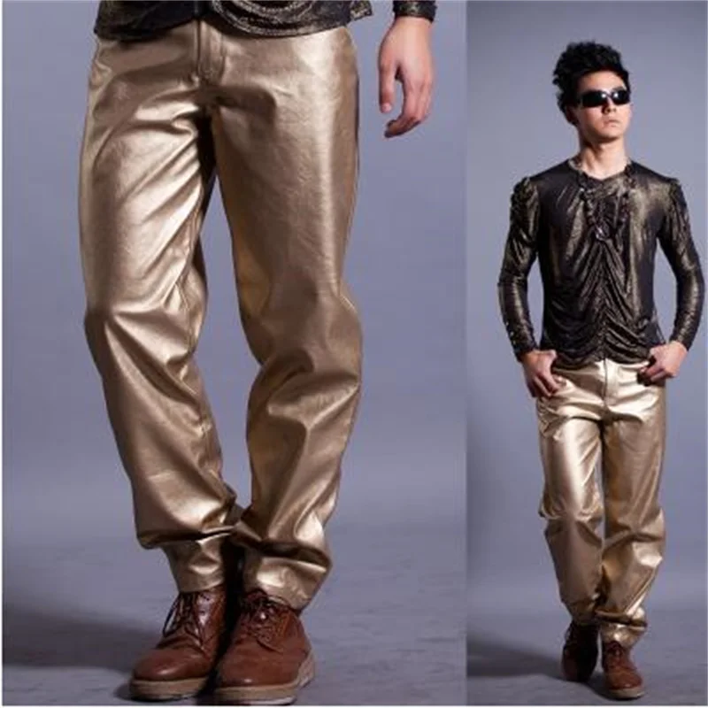 Gold Singer costumes PU faux leather pants for the mens 1 pants man stage trousers mens pants Personalized Provide custom