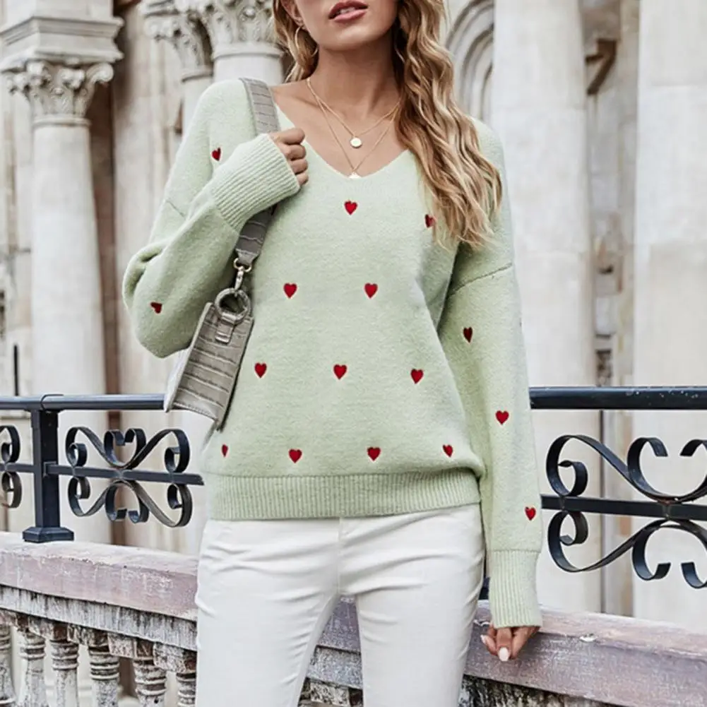 

Fashion Winter Sweater V-Neck Comfy Female Elegant Heart Pattern Knitted Sweater Top Knitted Sweater Sweater Top