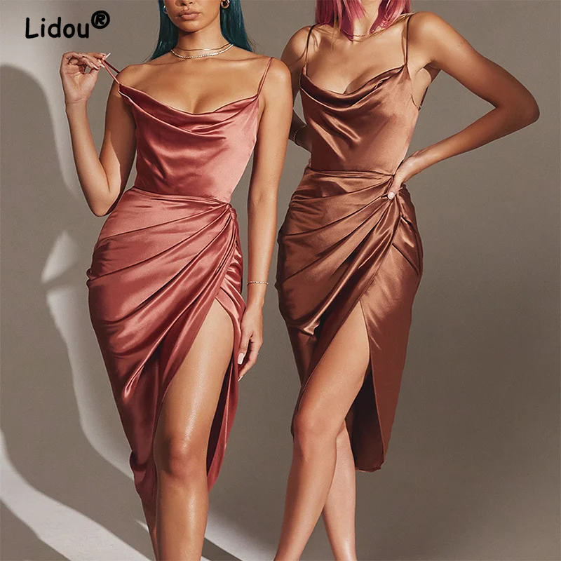 

Swing Collar Sexy Split Satin Dress Summer Fashion Sling Temperament Folds High Waist Solid Pullover Elegant Women Dresses 2023