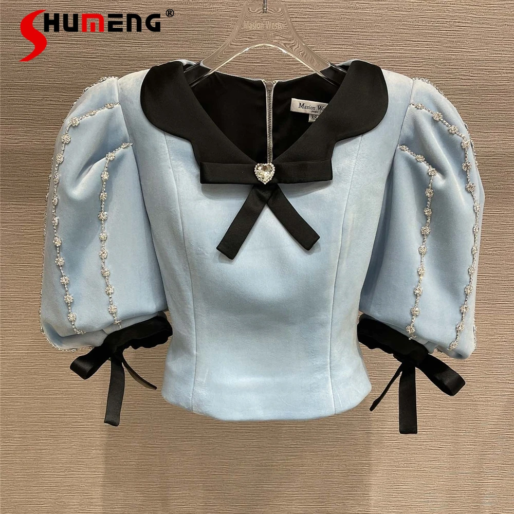 

Female New Court Style Elegant Puff Sleeve Bow Diamond Shirt Top Women's 2022 Spring Summer Fashion Ins Solid Pullover Blouses