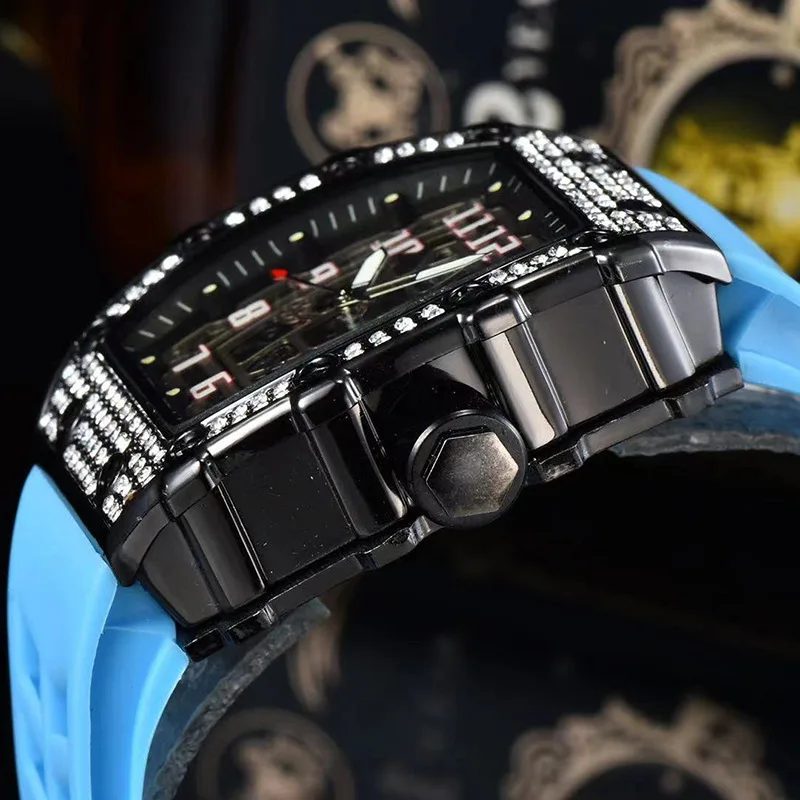 Personality Yellow Silicone Arabic Numbers Quartz Watch Tonneau Shape Black Diamond Unique Men Watch Fashion Luminous Wristwatch