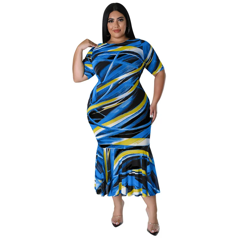 Oversized Autumn Women's Wholesale Round Neck plus size Short Sleeve Swing Dress