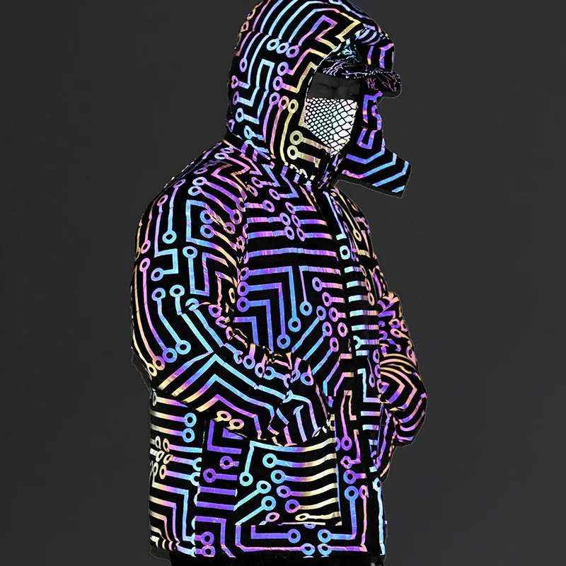 

2023 Men's New Colorful Circuit Pattern Pocket Cotton-Padded Clothes Reflective Tooling with Hat Thermal Cotton-Padded Clothes