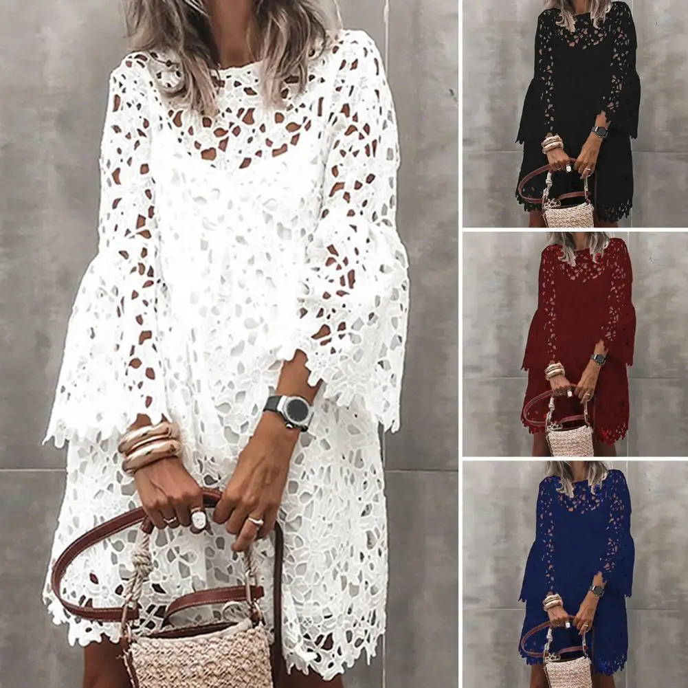 

2Pcs/Set Embroidery Crochet Lace Solid Mini Dress with Liner Dress See-Through O-neck Flare Long Sleeve Loose Fit Women Dress