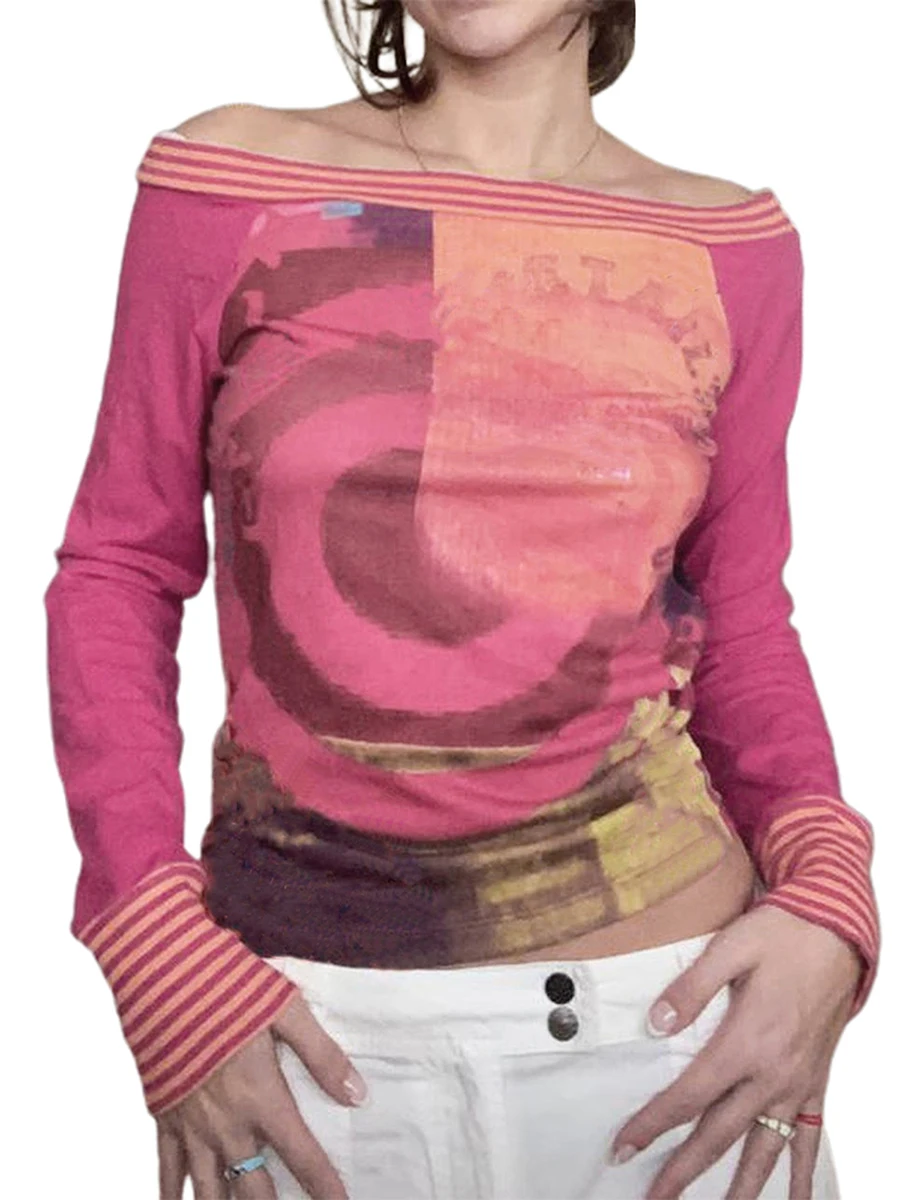 

Женский приталенный топ на одно плечо, розово-красный топ с длинными рукавами и открытыми плечами, с вырезом лодочкой, Полосатый пуловер с а...