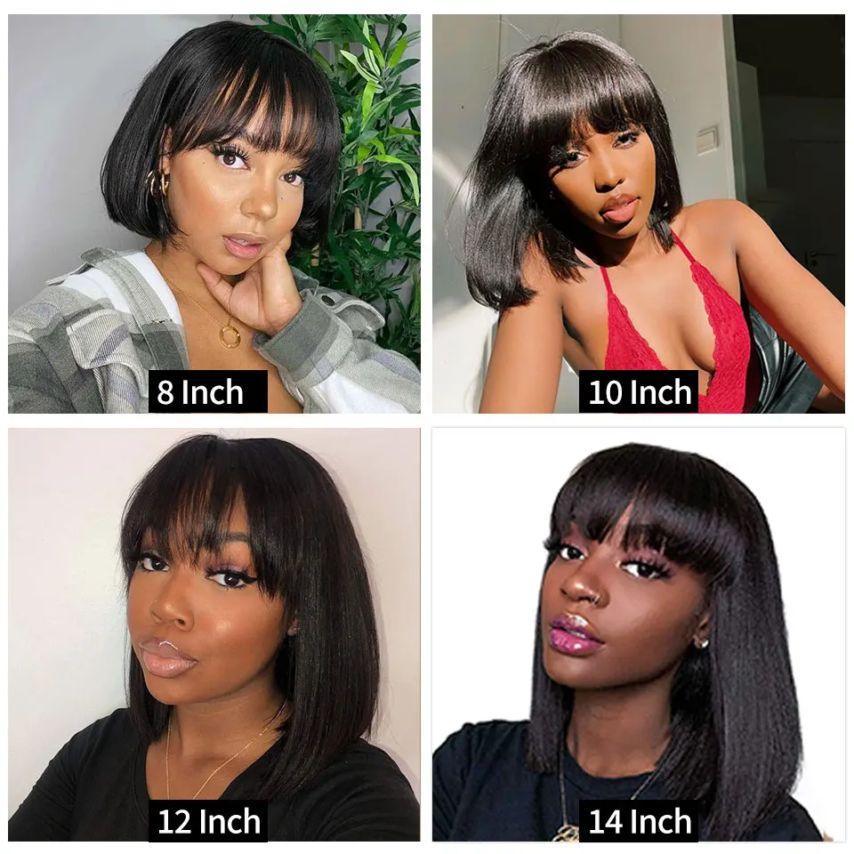 Short Bob Human Hair Wigs with Bangs Brazlian Straight Hair Machine Made Bob Wig for Black Women Natural color
