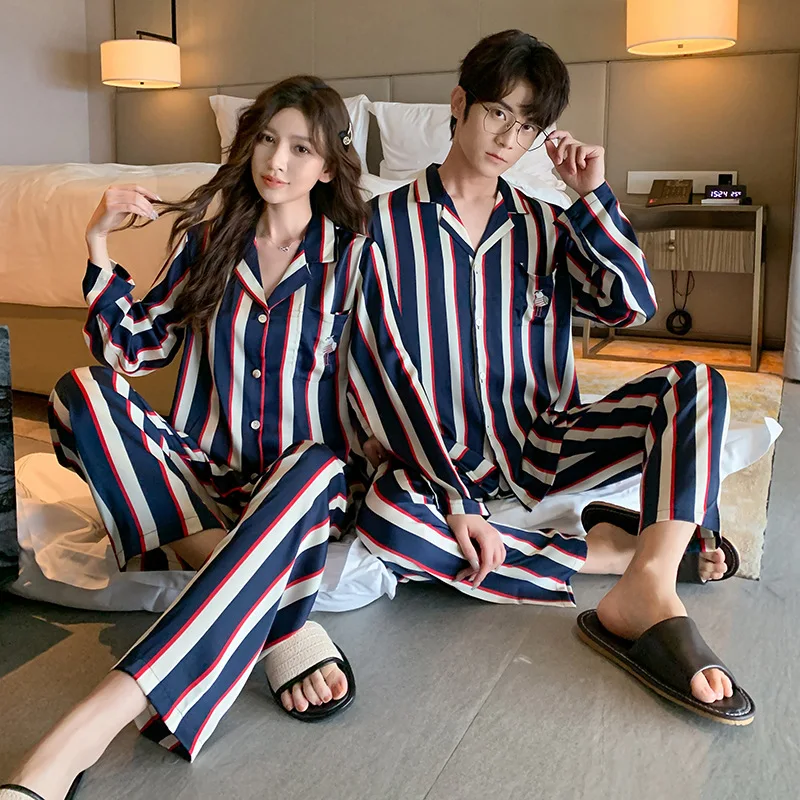 

Новые осенние пижамы для пар, женская тонкая модная Корейская Домашняя одежда из двух частей в полоску из ледяного шелка с длинными рукавами
