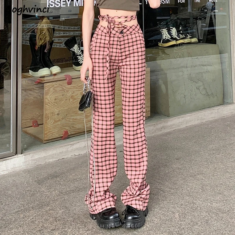 

Casual Pants Women Chic Wide Leg Trousers Female Popular New Design Simple Bandage Loose High Waist Plaid Students Ulzzang Ins