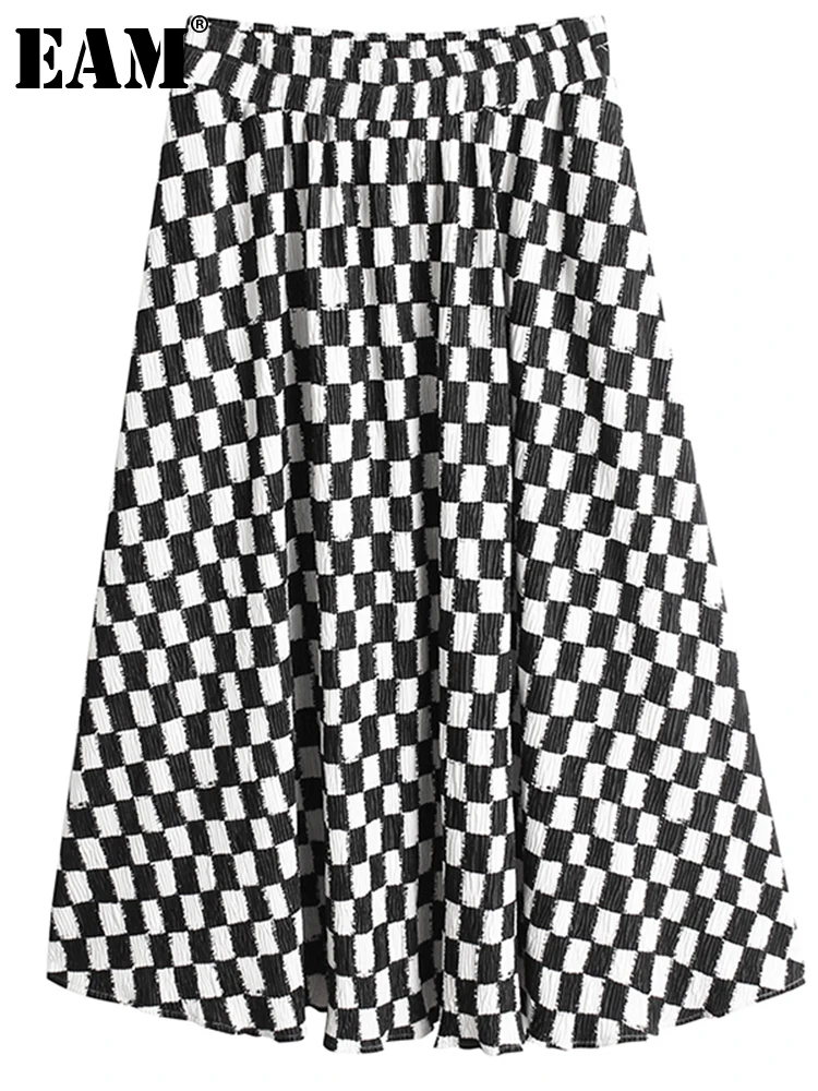 

[EAM] High Elastic Waist Black Plaid Printed Long A-line Half-body Skirt Women Fashion Tide New Spring Autumn 2022 1DE5833