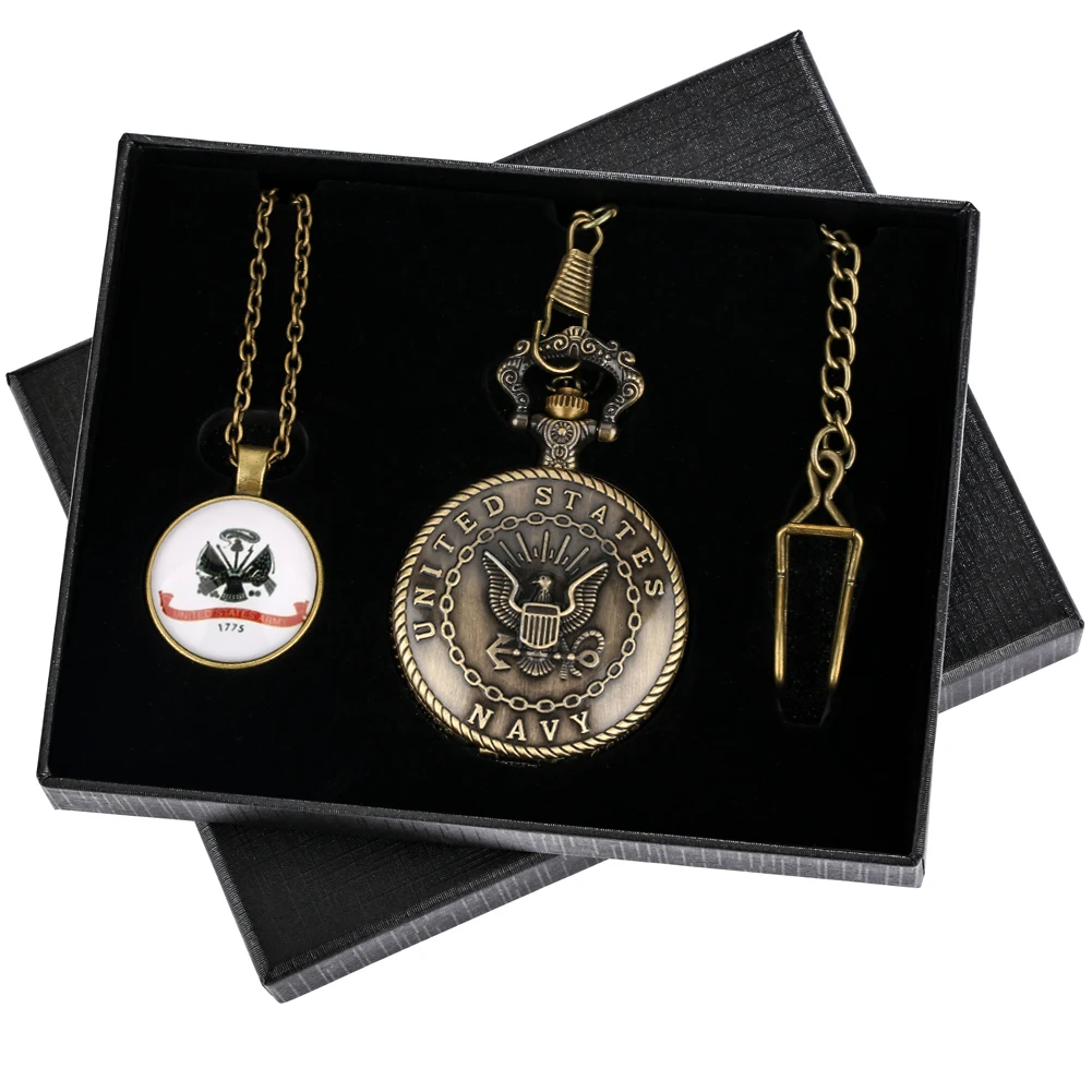 Best Gifts to Men United States Air Force Army Navy Theme Bronze Retro Quartz Pocket Watch Necklace Pendant Accessories Gift Set