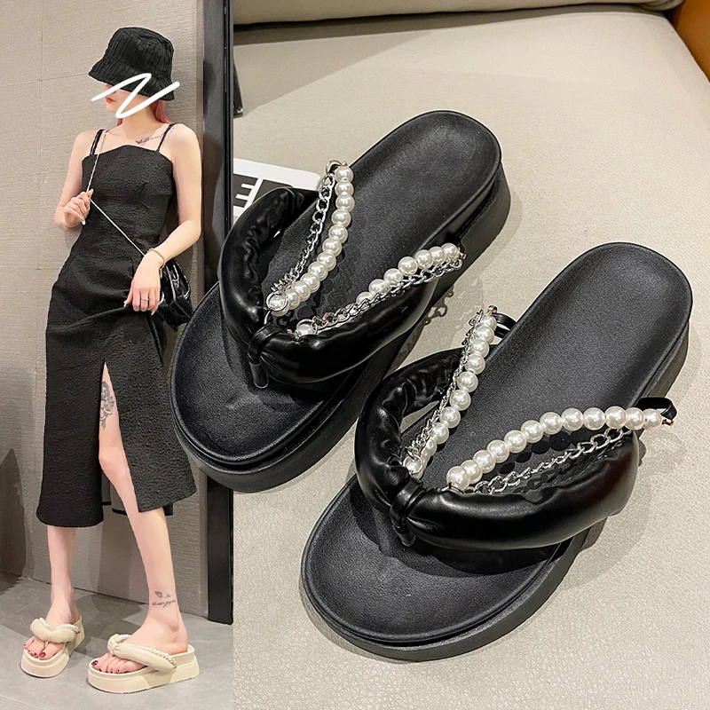 

Fashion Chain Slippers Women Flats Slides Outdoor Flip Flops Casual Sandals Summer Shoes 2022 New Brand Pearl Slippers Sandalias