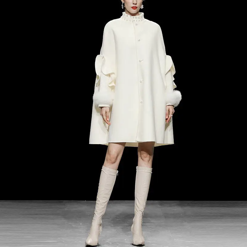 Women Faux Fur White Cardigan Coat Wool Blend Spring Autumn Winter Elegant Faux Fox Fur Ladies Fashion Coat Fur Coat